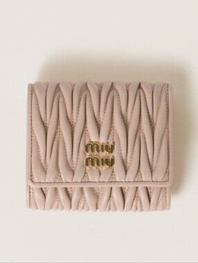 Authentic Miu Miu Matelasse Leather Trifold Wallet with Gold Logo